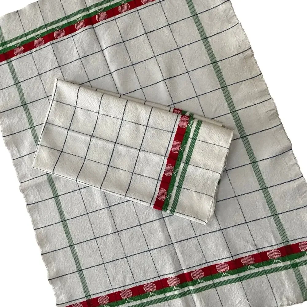 FIVE kitchen tea towels woven cotton cloth white blue red apple motif unfinished
